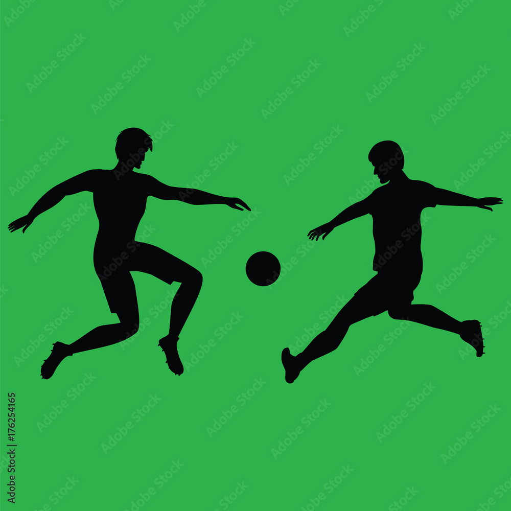 two men playing soccer - sketch - isolated on green background - art creative vector