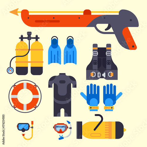 Set of flat elements for spearfishing diving underwater protective sea diver equipment vector professional hunter tools.