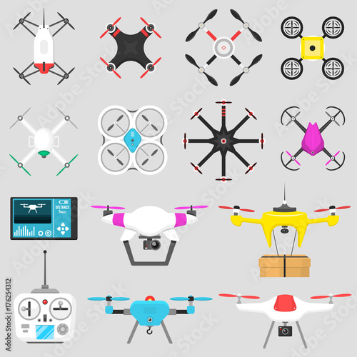 Vehicle drone quadcopter Vector illustration air hovering tool remote control fly camera.
