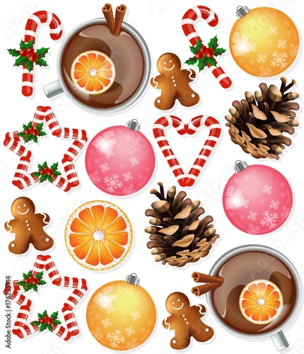 Winter pattern with tea and baubles. Vector realistic element