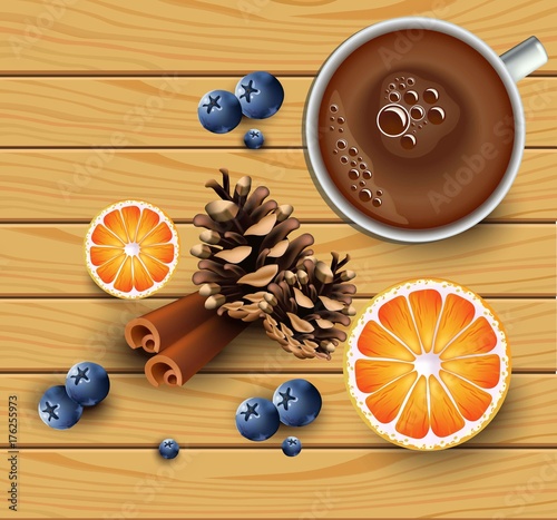 Cup of tea with orange slices on wood texture. Top view. Vector winter backgr...