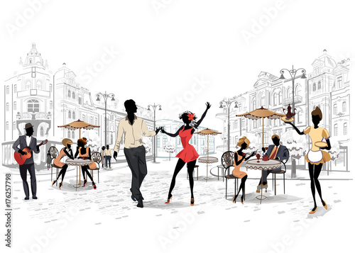 Series of the streets with musicians and dancing couples in the old city. Hand drawn vector illustration with retro buildings.