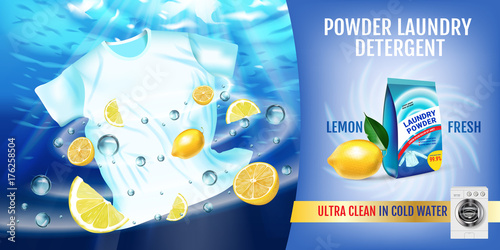 Lemon fragrance Laundry detergent ads. Vector realistic Illustration with t-shirt is washed in water and product package. Horizontal banner