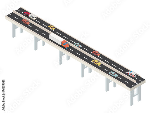 Isometric brigde and city with highways traffic road.
