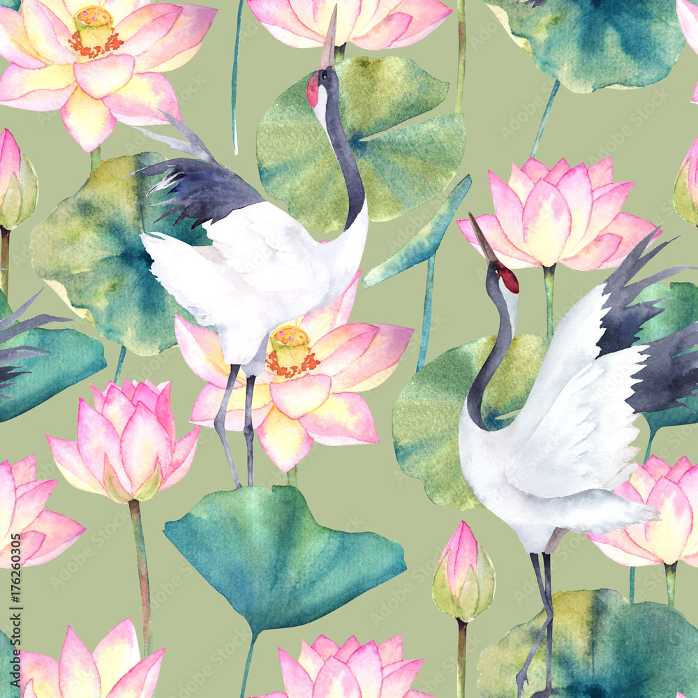 Fototapeta Z żurawiem i kwiatem lotosu malowana