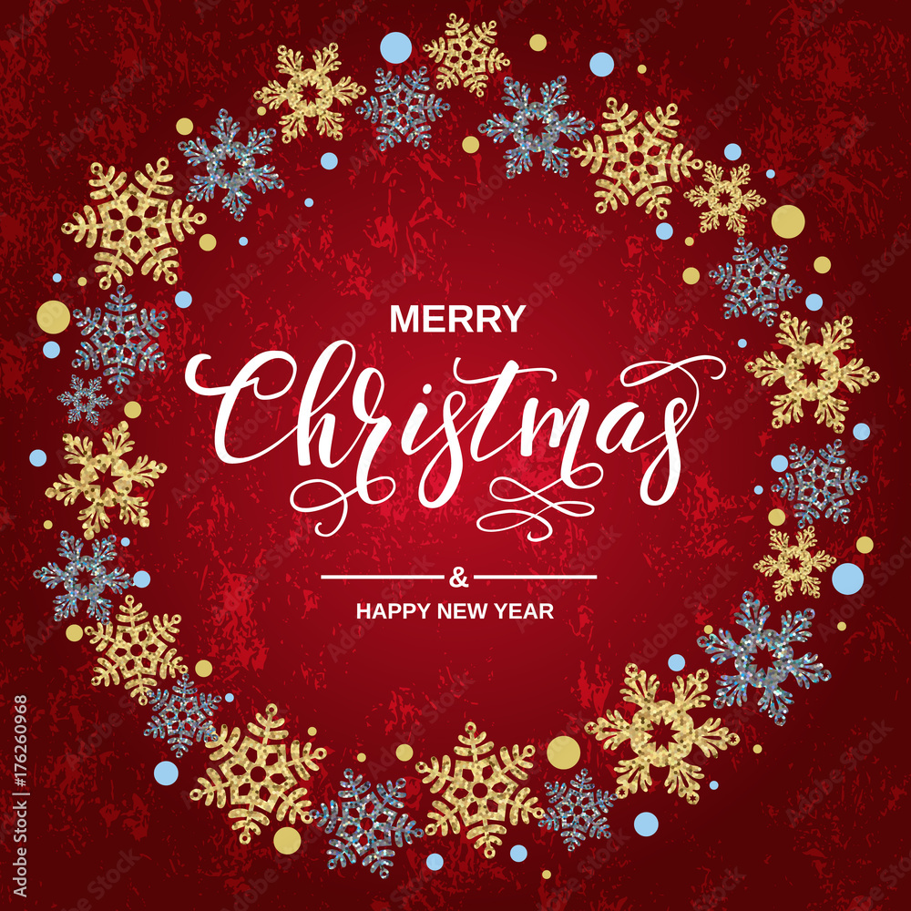 Fototapeta Merry Christmas handwriting script lettering. Christmas greeting with snowflakes on red background. Vector illustration