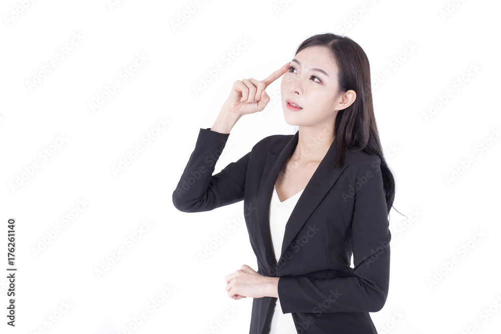 Portrait of Korean Woman Thinking for Business Plan, Woman stand on white background, Woman working concept. Portrait of Korean Woman Thinking for Business Plan, Woman stand on white background, Woman working concept.