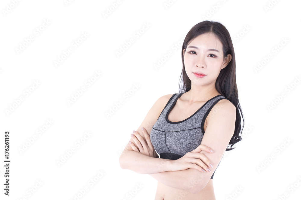 Portrait of Korean Woman posing on white backgrond, Woman prepare to exercise, Woman with Healthy Concept. Portrait of Korean Woman posing on white backgrond, Woman prepare to exercise, Woman with Healthy Concept.