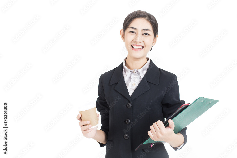 Asian Business Woman holding coffee with attractive smiling, Woman stand and smile, isolated on white background, Woman working concept. Asian Business Woman holding coffee with attractive smiling, Woman stand and smile, isolated on white background, Woman working concept.