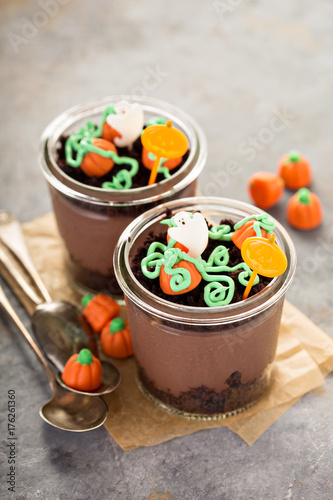 Halloween dessert in a jar, chocolate pudding