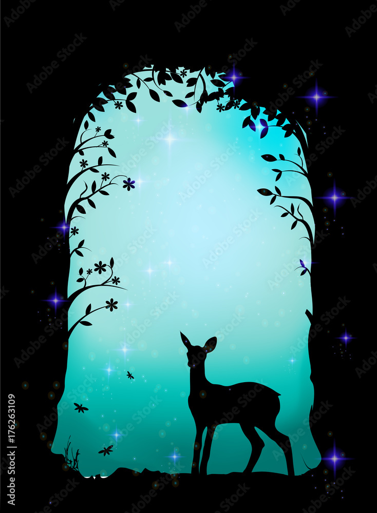 deer, fawn in the forest, fairy cave,