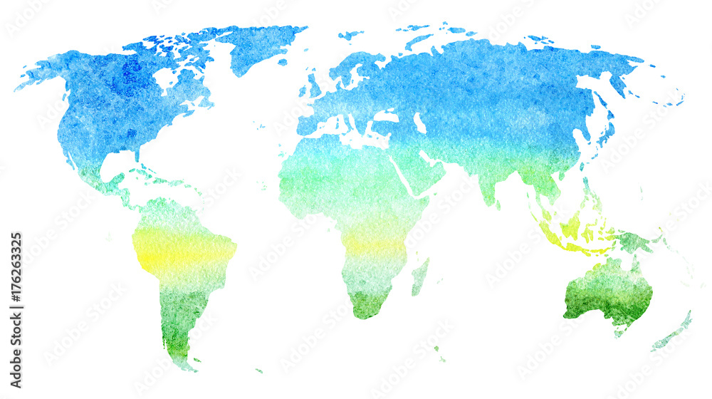 World map.Earth.Watercolor hand drawn illustration.Sky and meadow gradient image. White background.