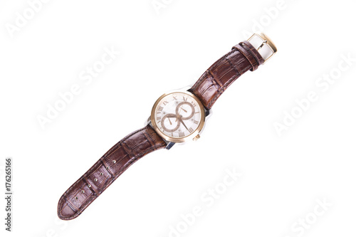 Hand watch isolated on the white background,Old classic wristwatch for man with brown strap on white