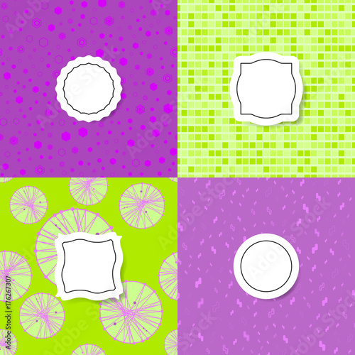 Bright material color seamless background set, cards with abstract geometric elements, patterns fashion trend. 
