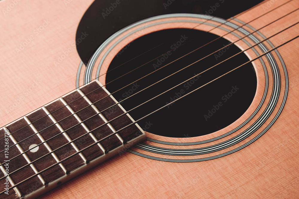 Close Up shot photo of Classic acoustic guitar with filter effect retro vintage style Close Up shot photo of Classic acoustic guitar with filter effect retro vintage style