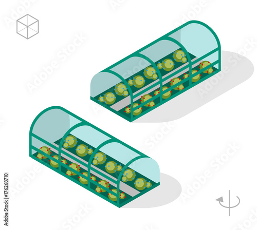 Set of Isolated Isometric Minimal City Elements . Greenhouse with Shadows on White Background