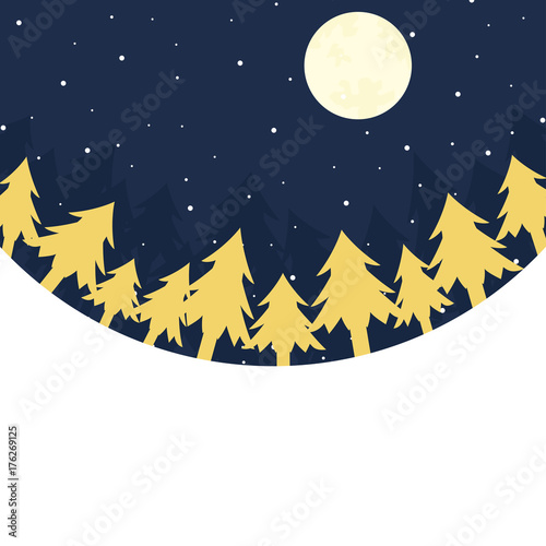 Winter night scene banner with golden trees and full moon in snowfall