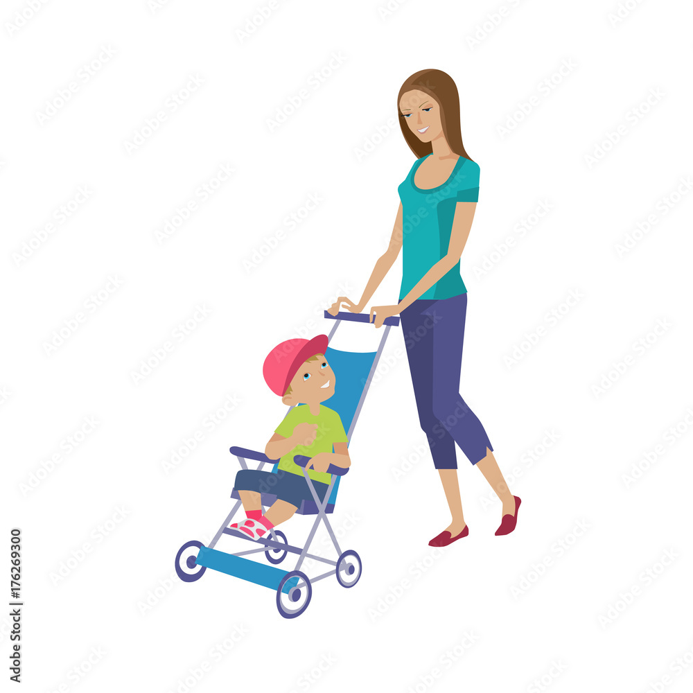 Mother walks with child, spends time, rolls baby on stroller. Mother walks with child, spends time, rolls baby on stroller.