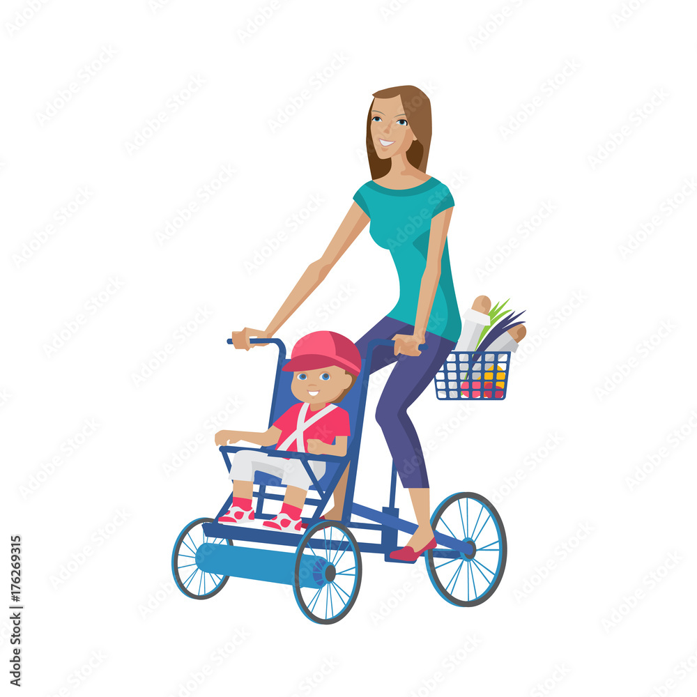 Mother walks with child, rolls on bicycle, buying food home. Mother walks with child, rolls on bicycle, buying food home.