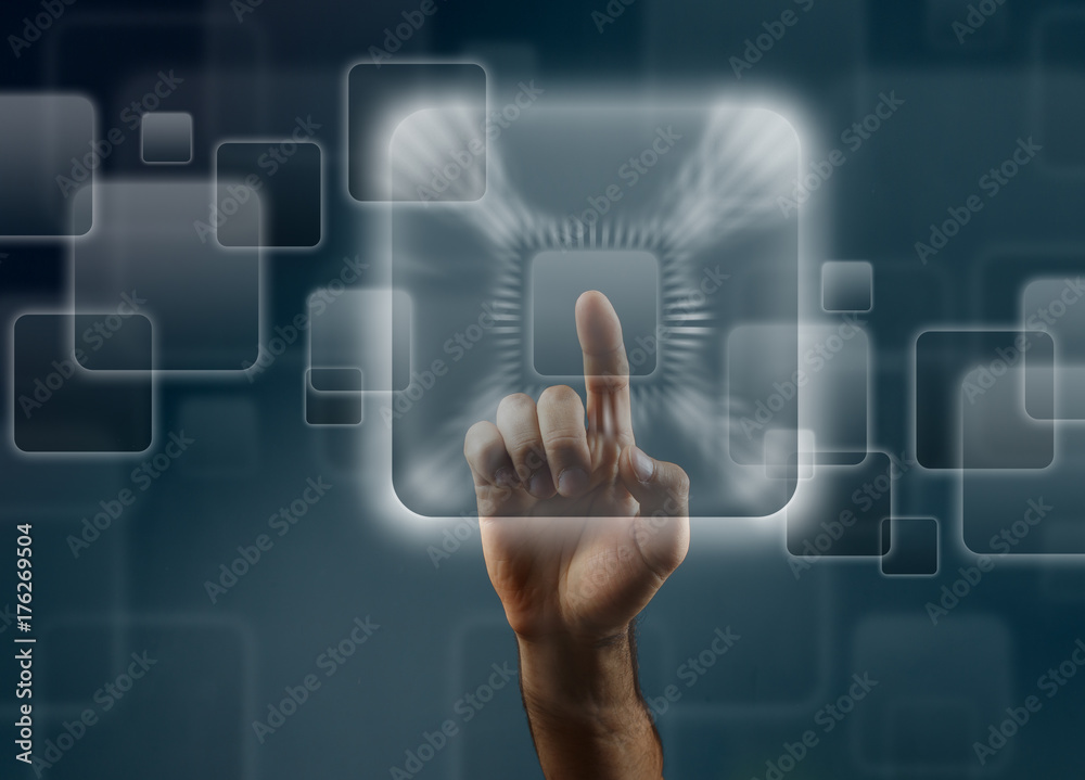Man's hand pushing the button. Touchscreen. Rear view. Man's hand pushing the button. Touchscreen. Rear view.