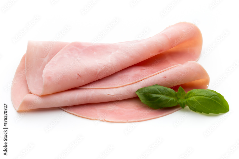 Sliced boiled ham sausage isolated on white background, top view. Sliced boiled ham sausage isolated on white background, top view.