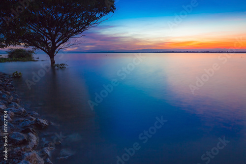 Sunset with tree reflection in a lake. photo