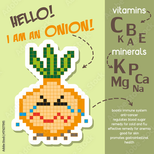 Creative infographics about vitamins and minerals in onion. Health benefits of onion. Cartoon style. Vector illustration