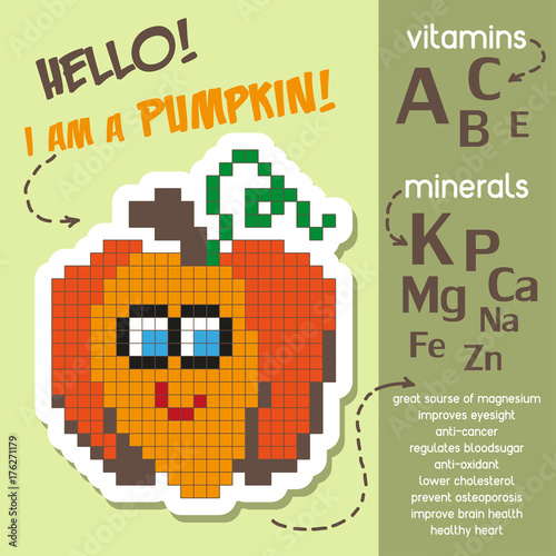 Creative infographics about vitamins and minerals in pumpkin. Health benefits of pumpkin. Cartoon style. Vector illustration