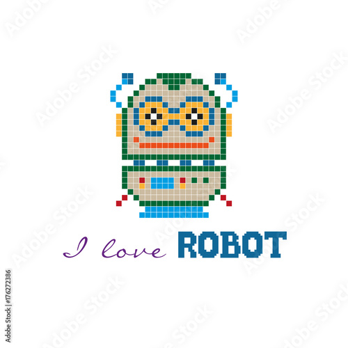 Colorful pixel fantastic robot isolated on the white background. Vector illustration