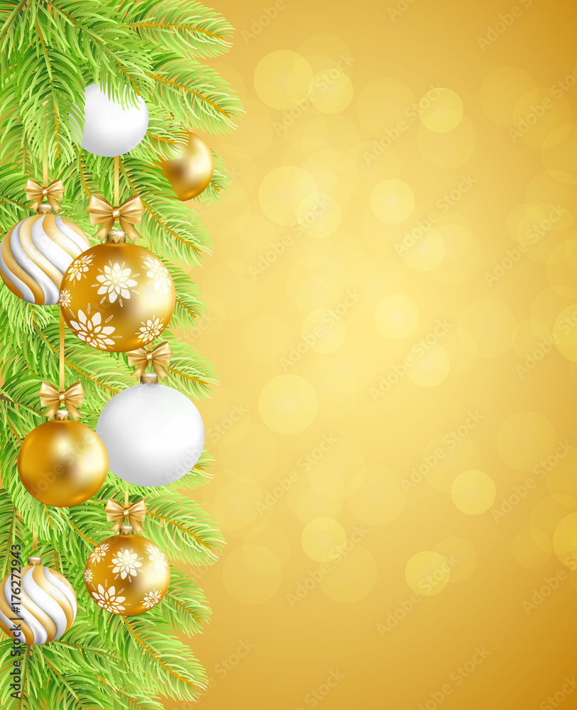 Christmas and New Year background with fir-tree border and christmas balls. Vector illustration. Christmas and New Year background with fir-tree border and christmas balls. Vector illustration.