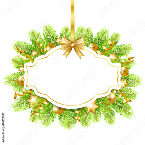 Fototapeta Naklejka Na Ścianę i Meble -  Christmas and  New Year frame with fir-tree border and christmas balls. Vector illustration.
