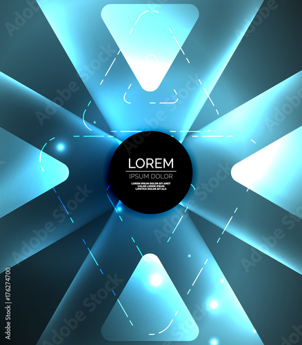 Glass glowing bright triangles on dark space design abstract background