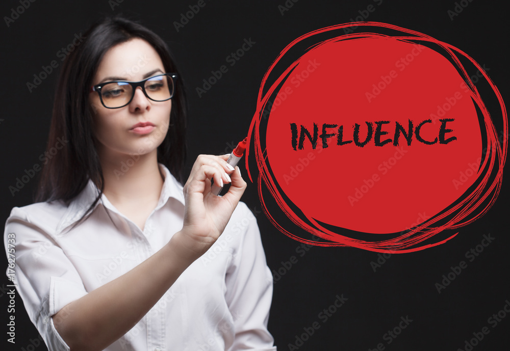 The concept of marketing, technology, the Internet and the network. A young businessman shows what is important for business: Influence The concept of marketing, technology, the Internet and the network. A young businessman shows what is important for business: Influence