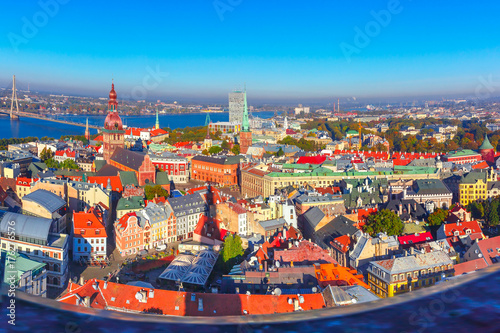 Aerial scenic panorama of Old Town from Saint Peter church, with Riga Cathedral, Cathedral Basilica of Saint James and Riga castle, Riga, Latvia