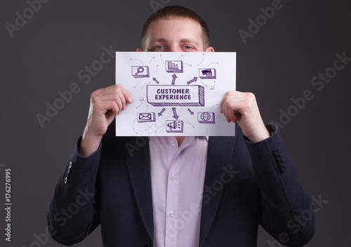 The concept of business, technology, the Internet and the network. Young businessman showing inscription: Customer experience