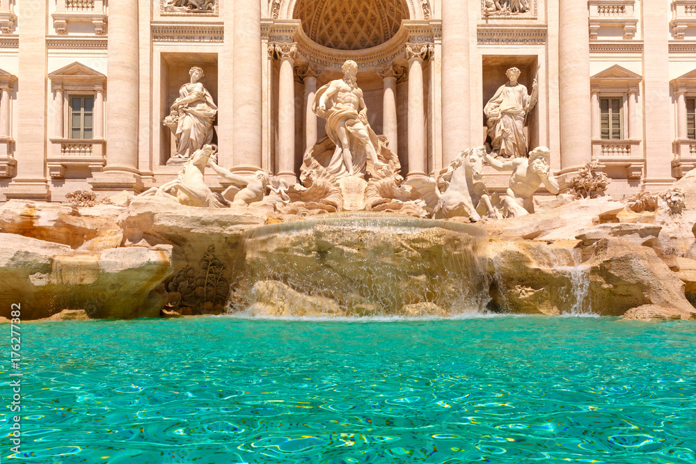 Fototapeta premium Rome Trevi Fountain or Fontana di Trevi in the morning, Rome, Italy. Trevi is the largest Baroque, most famous and visited by tourists fountain of Rome.