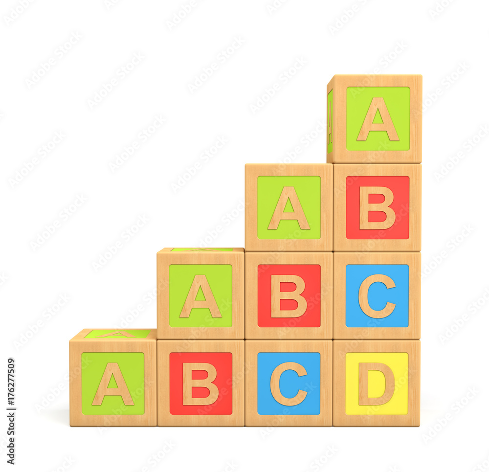 3d rendering of a colorful set of wooden building blocks with English letters made into a stairs shape. 3d rendering of a colorful set of wooden building blocks with English letters made into a stairs shape.
