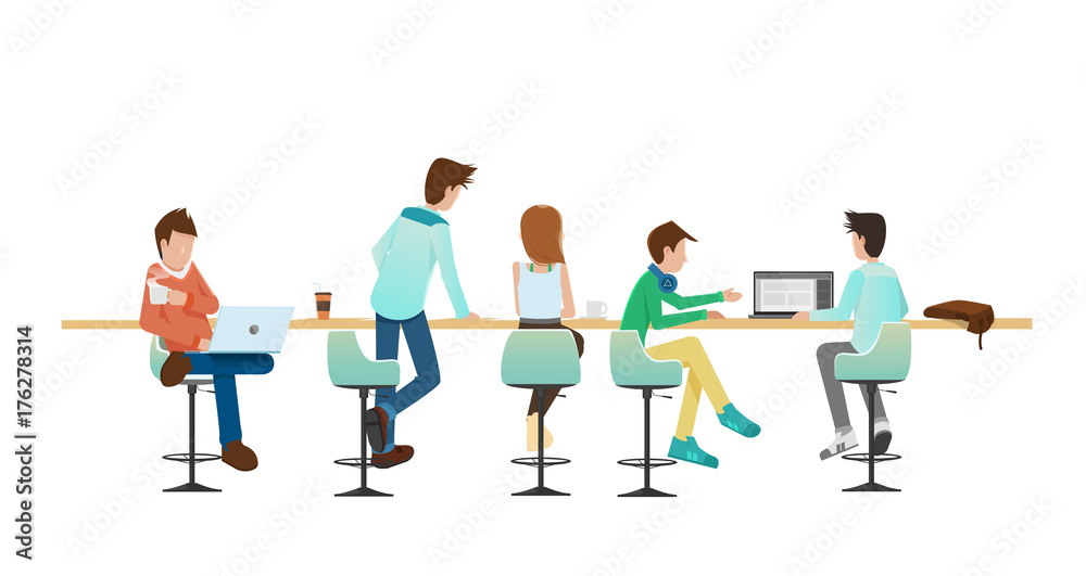 people talking and working at coworking center, office, cafe. people talking and working at coworking center, office, cafe.