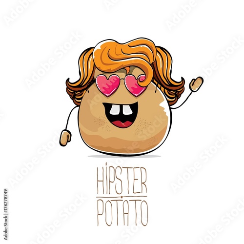 vector funny cartoon cute brown hipster potato with long blond hair and pink heart shape sunglasses isolated on white background.