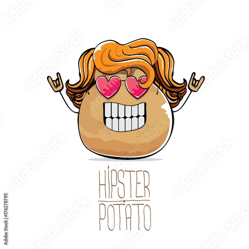 vector funny cartoon cute brown hipster potato with long blond hair and pink heart shape sunglasses isolated on white background.