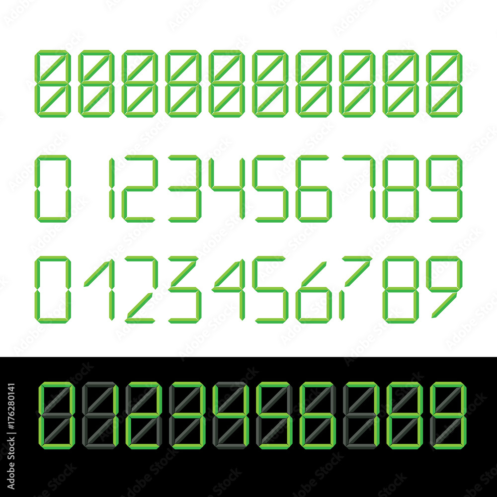 Digital numbers are green. Electronic clock figures, counter. Vector illustration.