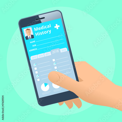 Human hand holds smart phone with patient health medical history. Modern medicine, medical exam and diagnosis flat concept illustration. Vector design element for web, internet, presentation