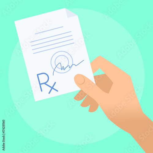 Human hand holds rx prescription. Flat illustration of doctor's hand holding pharmaceutical document. Medicine, medical exam, diagnosis concept. Vector design element for web, internet, presentation