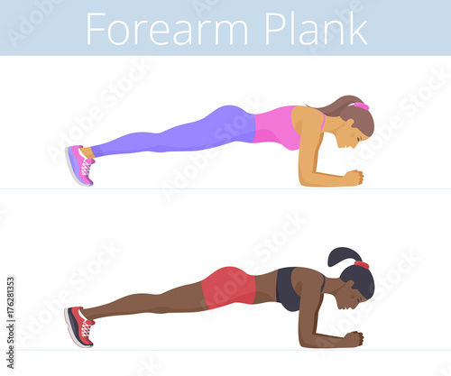 Beautiful black and white young women are doing the forearm plank exercise. Flat illustration of caucasian and afro-american sporty girls are training in the plank position. Vector active people set.