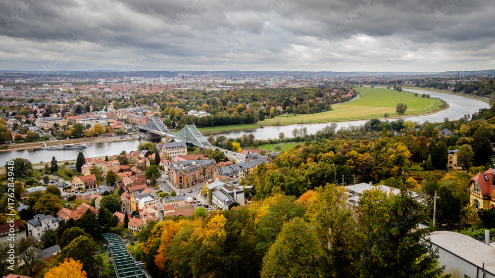 Cityscape from the Schwebebahn mountain station in Dresden Loschwitz with the spectacular Blaues Wunder.