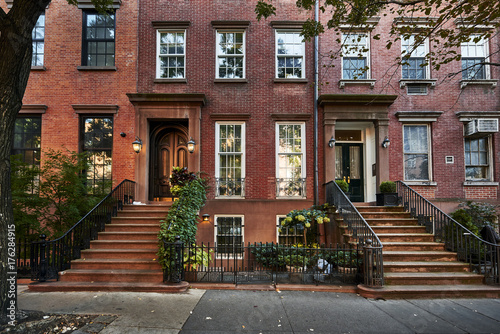 a row of brownstone buildings photo