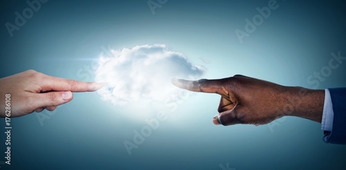 Composite image of hand pointing over white background