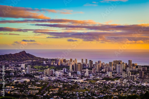 Aerial Purple and Gold Sunset Above Honolulu Skyline in Hawaii