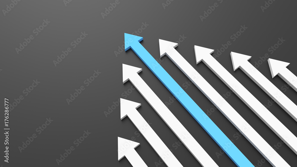 Leadership, success, and teamwork concept, blue leader arrow leading white arrows, on black background. 3D Rendering. Leadership, success, and teamwork concept, blue leader arrow leading white arrows, on black background. 3D Rendering.