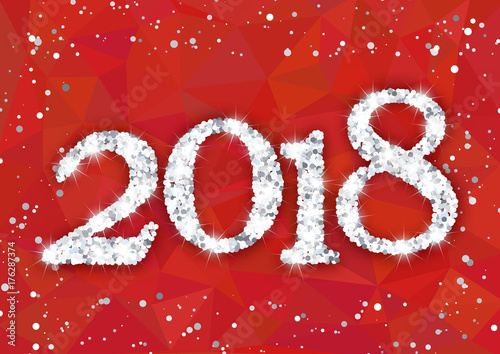 Happy New Year 2018 with numbers from white snowflakes with sparkles on red polygonal background. Vector illustration